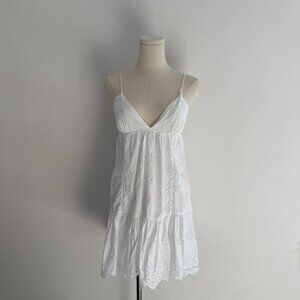 White Eyelet Mini Dress  / Spaghetti Strap Summer Sundress Womens Size Small